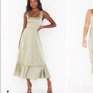 Show Me Your Mumu Claire Midi Dress Moss Green Luxe Satin